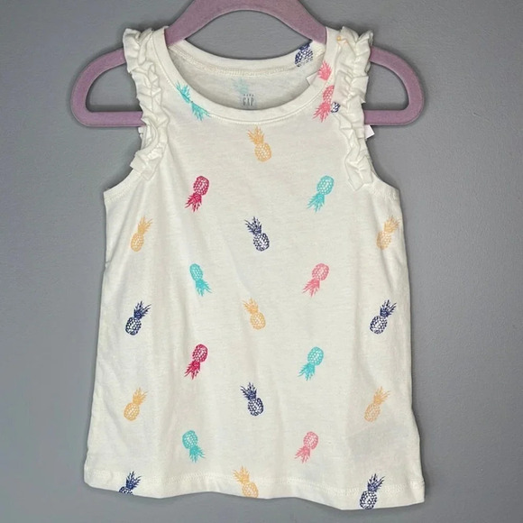 GAP NWT Girls Pineapple Print Ruffled Strap Crewneck Tank White 3 - Picture 6 of 6